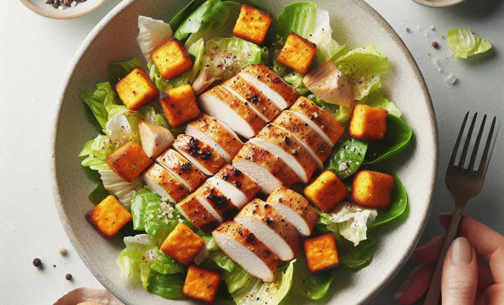 Salade César Légère au Poulet Grillé et Croûtons de Patate Douce