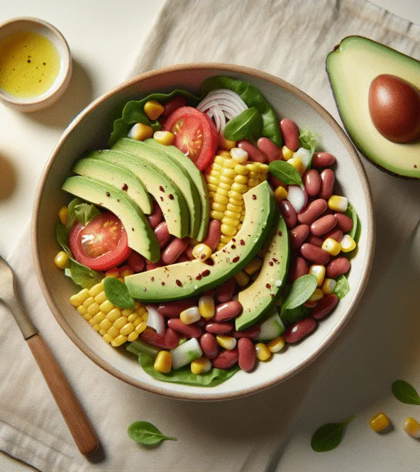 Salade fraîcheur aux haricots rouges, maïs et avocat, sauce citronnée