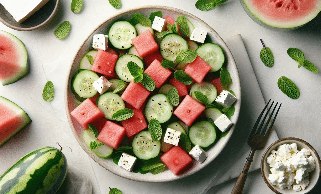 Salade fraîcheur de pastèque, concombre et feta à la menthe