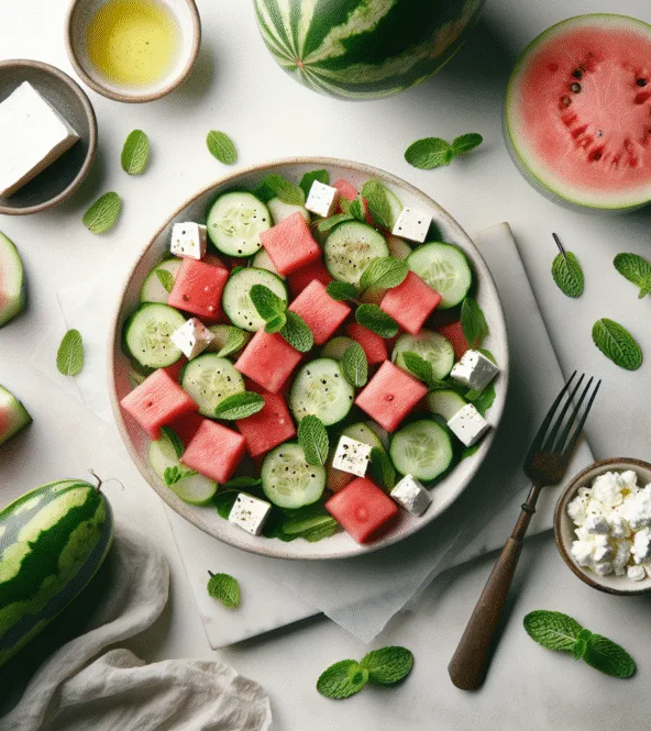 Salade fraîcheur de pastèque, concombre et feta à la menthe