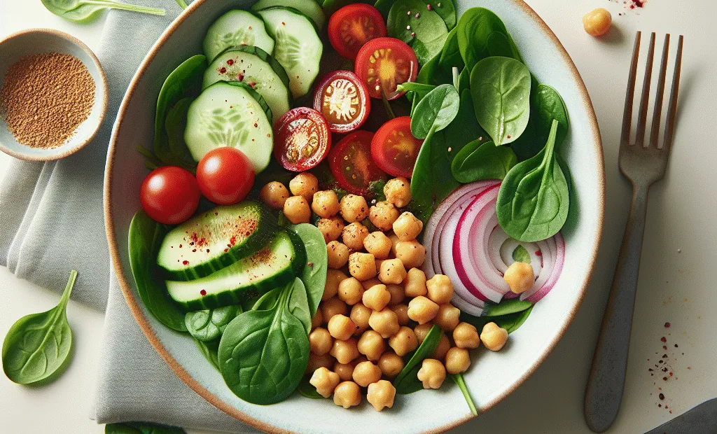 Salade de pois chiches, épinards frais et vinaigrette légère au tahini