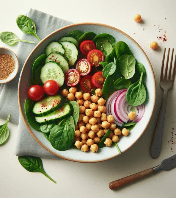 Salade de pois chiches, épinards frais et vinaigrette légère au tahini