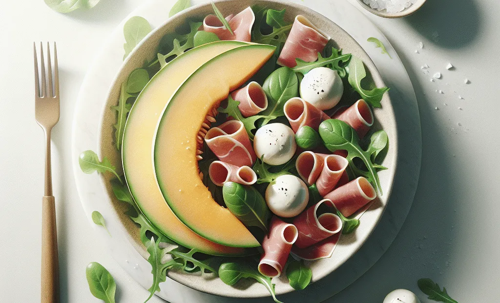 Salade de roquette, melon, billes de mozzarella light et jambon cru dégraissé