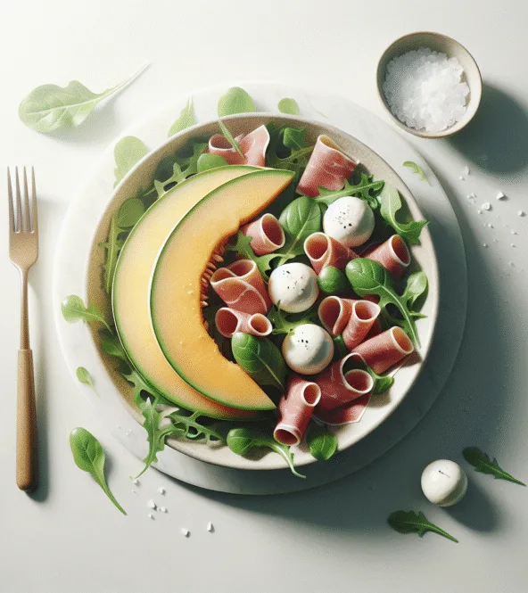 Salade de roquette, melon, billes de mozzarella light et jambon cru dégraissé