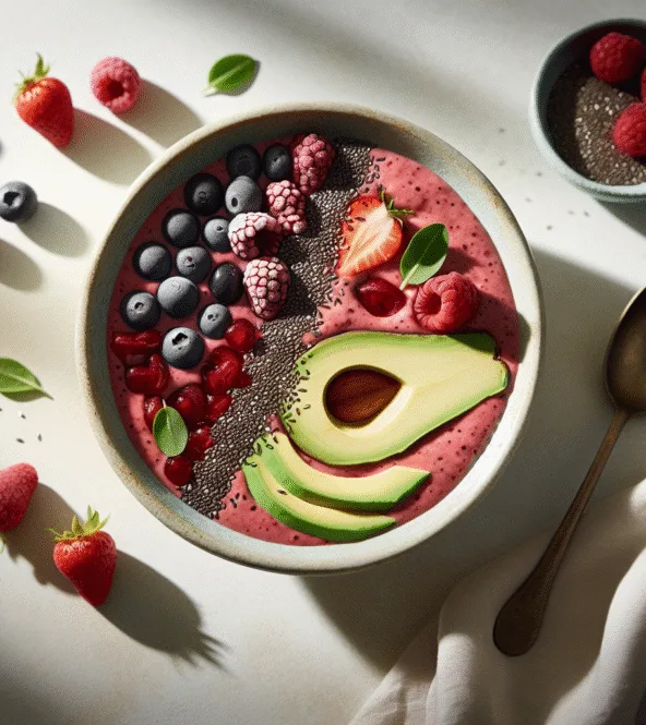 Smoothie bowl aux fruits rouges, avocat et graines de chia