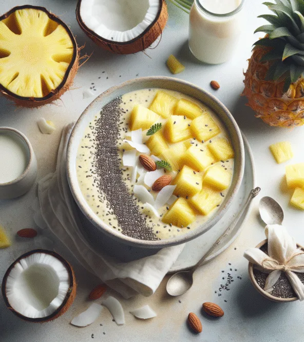 Smoothie bowl tropical à l'ananas, coco et graines de chia