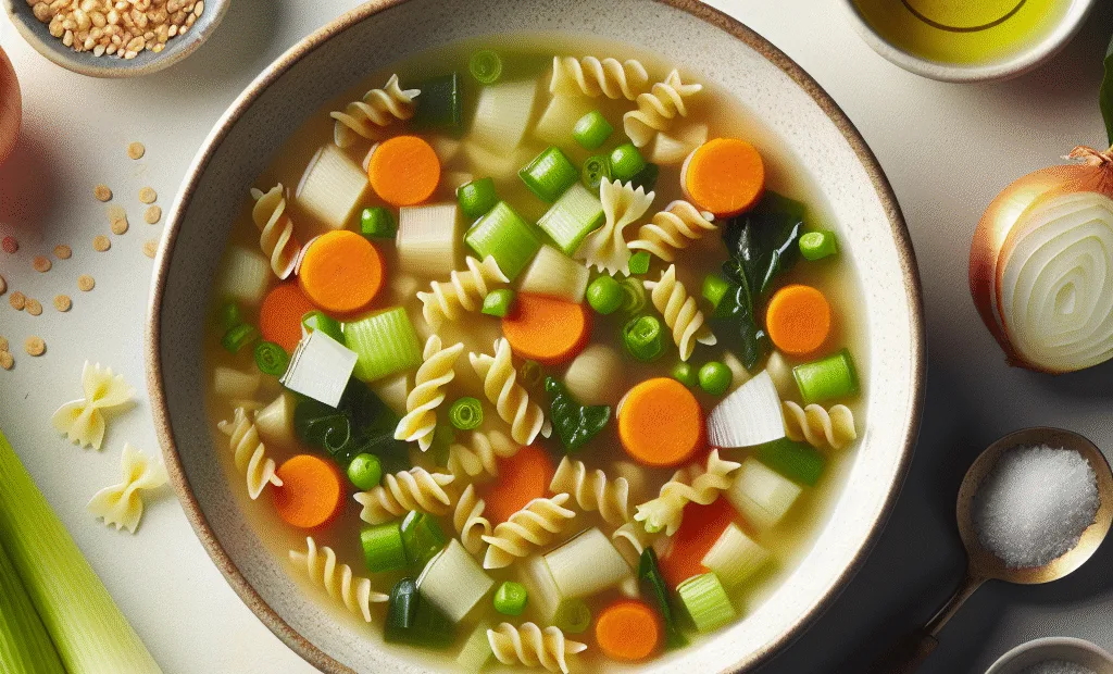 Soupe Minestrone léger aux légumes de saison et petites pâtes complètes