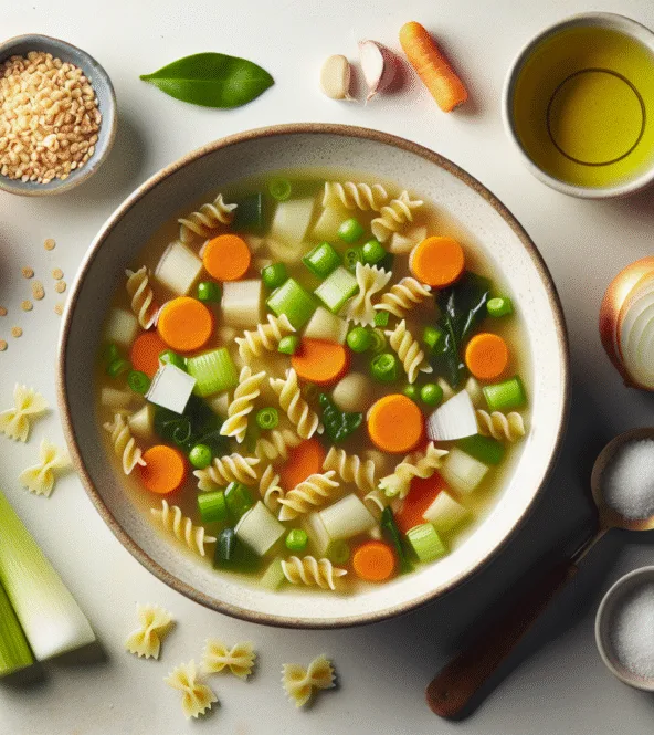 Soupe Minestrone léger aux légumes de saison et petites pâtes complètes