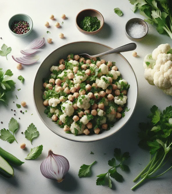 Taboulé de chou-fleur au persil, menthe et pois chiches