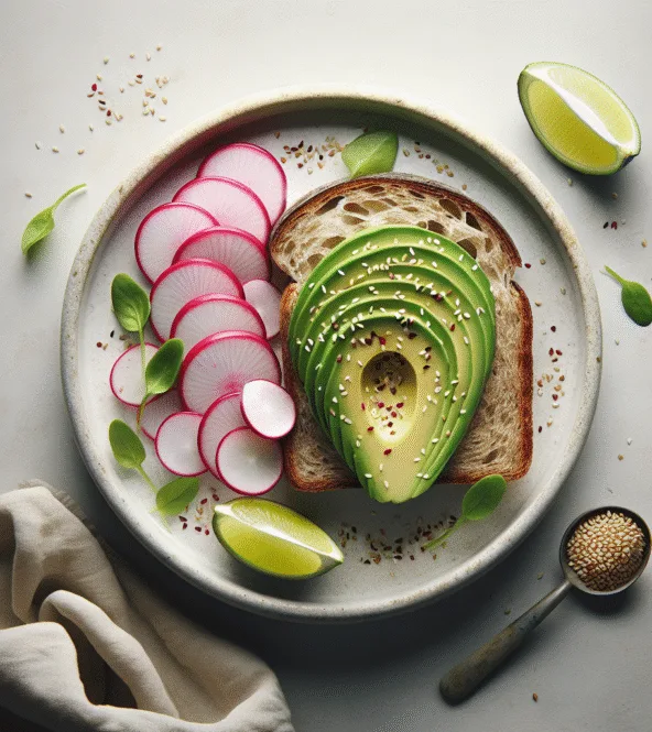 Tartines complètes à l'avocat, radis et graines de sésame