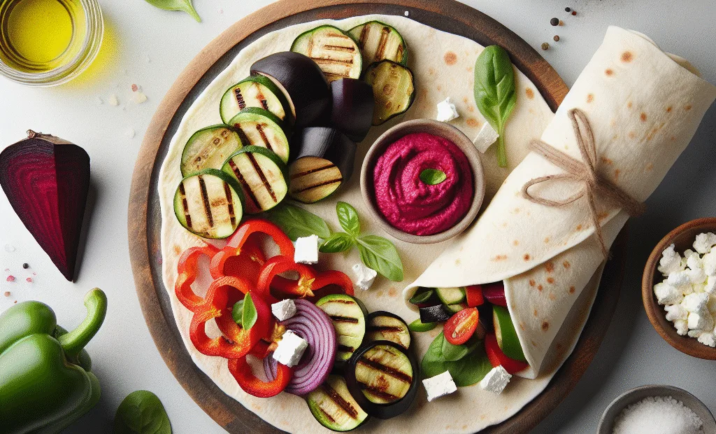 Wraps de légumes grillés, houmous à la betterave et feta légère