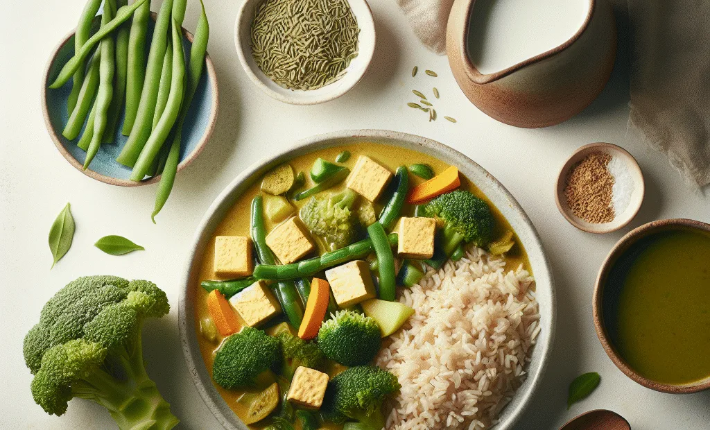 Curry de légumes verts, tofu et riz basmati complet
