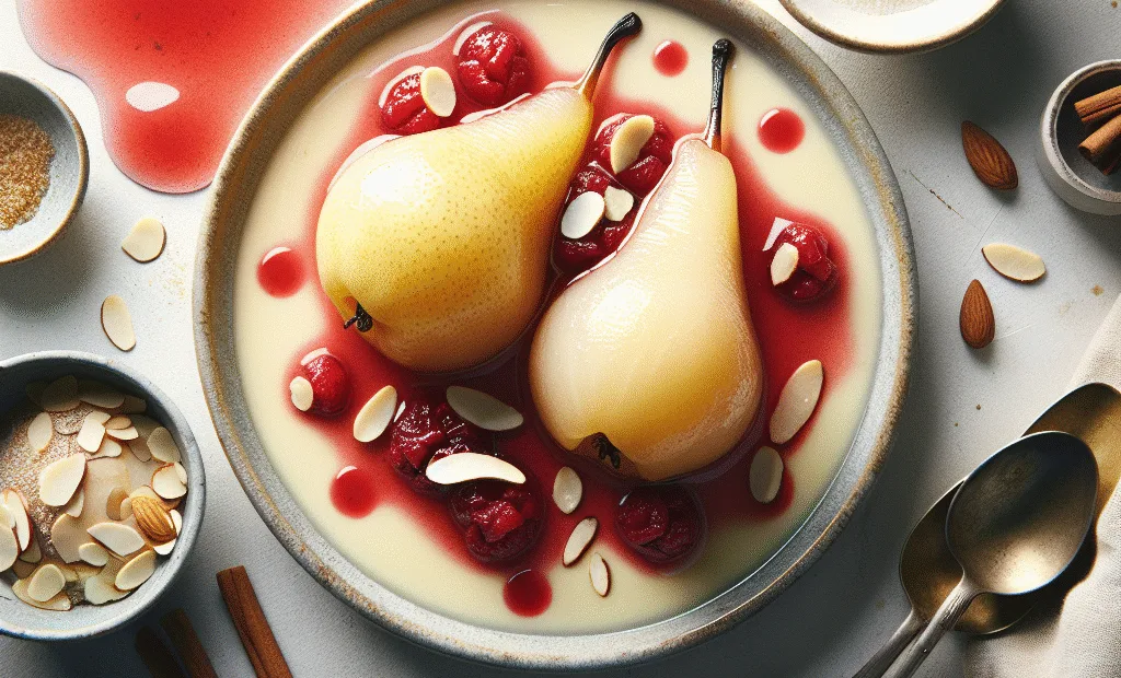 Poires Pochées à la Vanille, Coulis de Fruits Rouges et Amandes Effilées