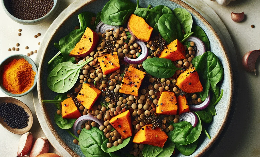 Salade tiède de lentilles corail, patate douce rôtie et épinards frais