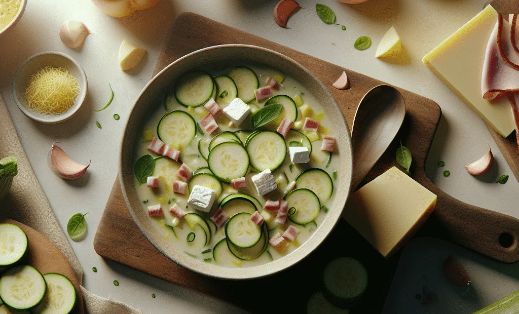 Velouté de Courgette et Chèvre Frais, Chips de Jambon Cru