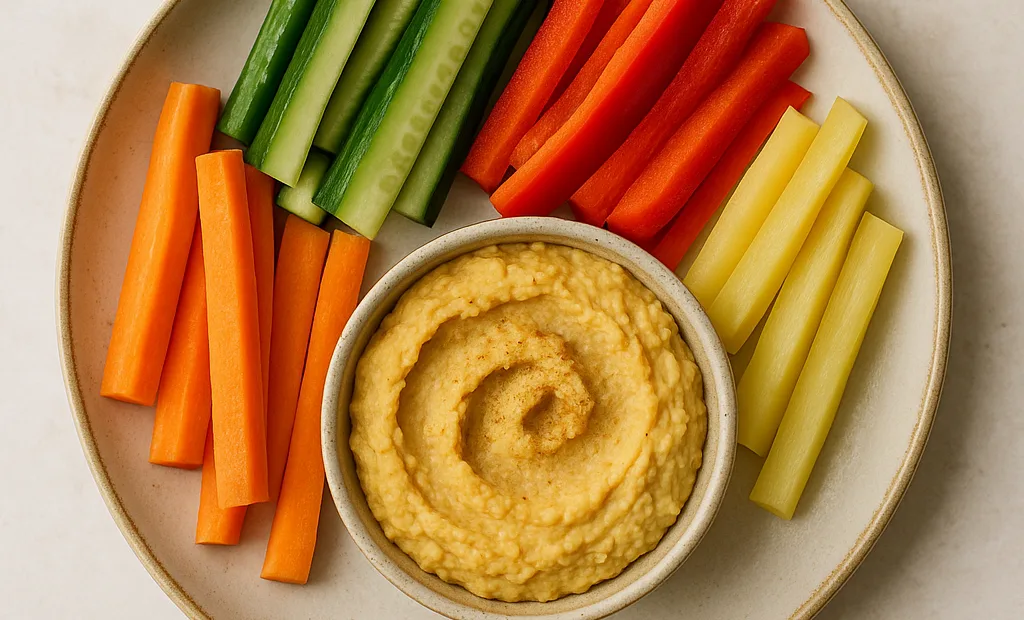 Bâtonnets de légumes croquants et houmous de lentilles corail
