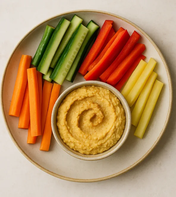 Bâtonnets de légumes croquants et houmous de lentilles corail