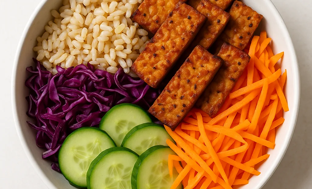 Bol de riz complet, tempeh mariné et crudités colorées