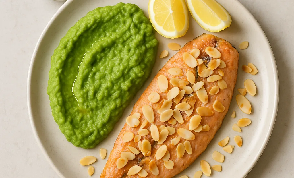 Filet de truite aux amandes, purée de petits pois et citron
