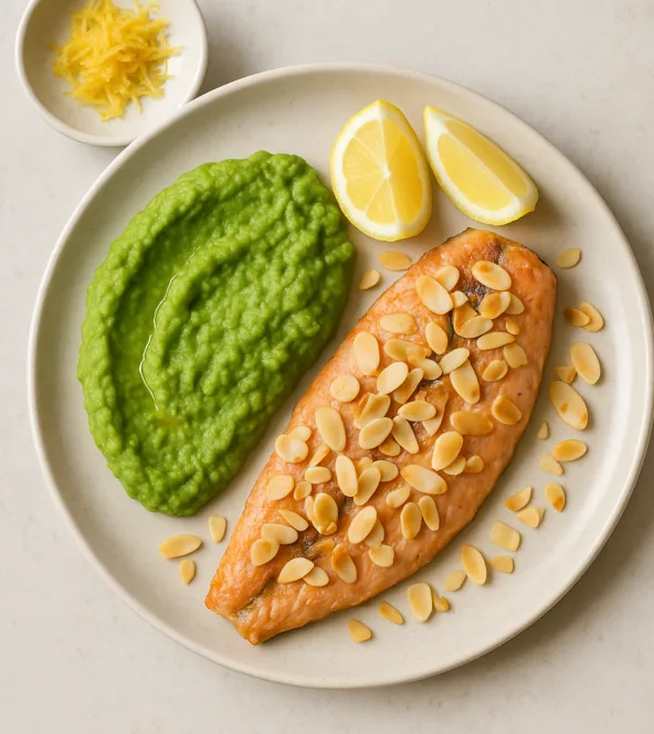 Filet de truite aux amandes, purée de petits pois et citron