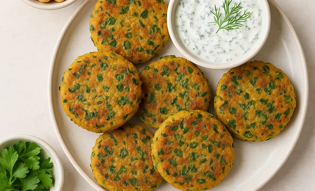 Galettes de pois chiches aux herbes fraîches et sauce à l'aneth
