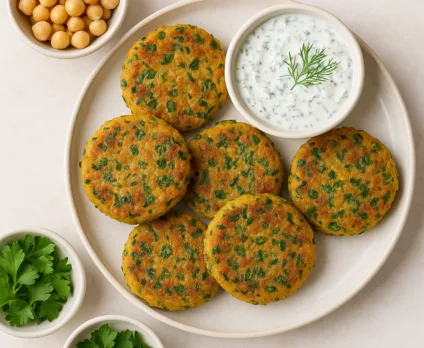 Galettes de pois chiches aux herbes fraîches et sauce à l'aneth