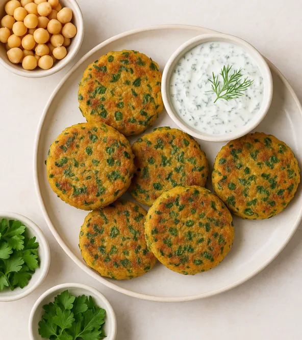 Galettes de pois chiches aux herbes fraîches et sauce à l'aneth