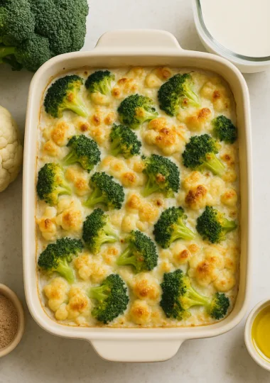 Gratin de brocolis, chou-fleur et béchamel légère au lait végétal