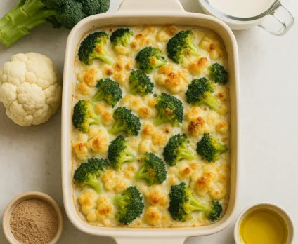 Gratin de brocolis, chou-fleur et béchamel légère au lait végétal