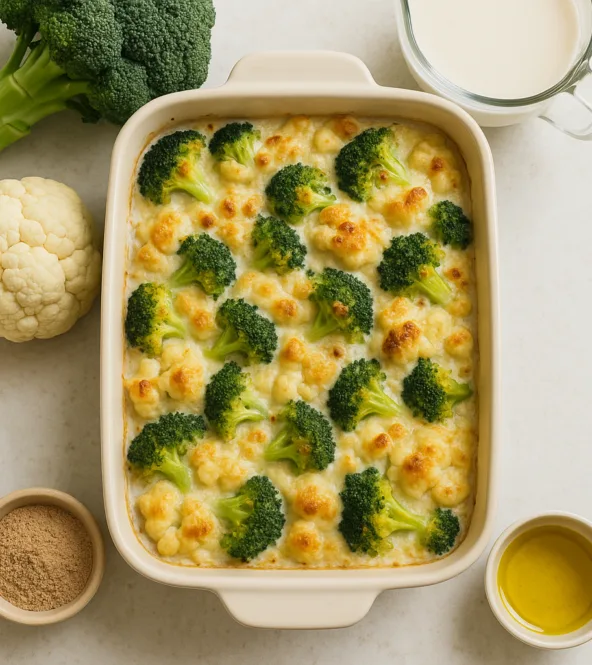 Gratin de brocolis, chou-fleur et béchamel légère au lait végétal