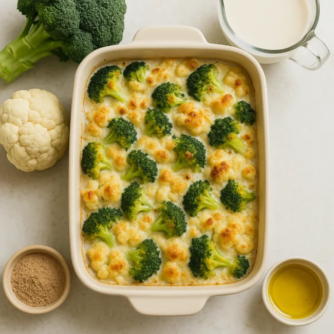 Gratin de brocolis, chou-fleur et béchamel légère au lait végétal