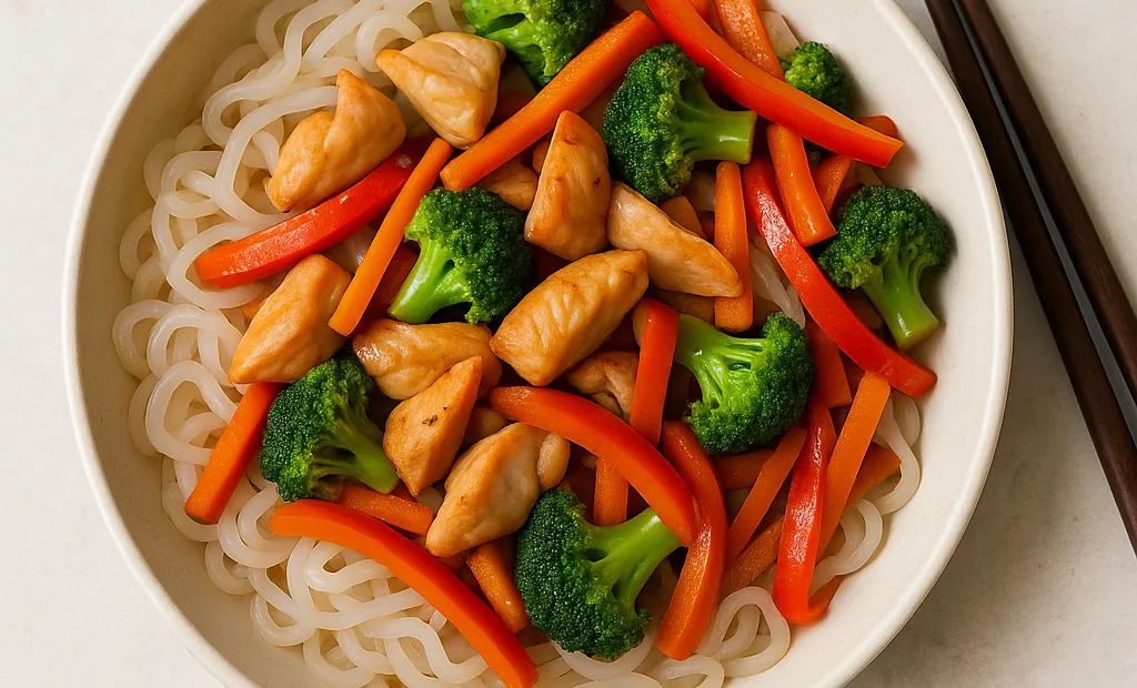 Poulet sauté aux légumes asiatiques et nouilles de konjac