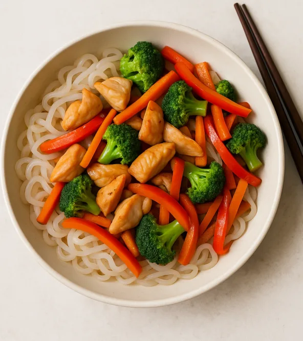 Poulet sauté aux légumes asiatiques et nouilles de konjac
