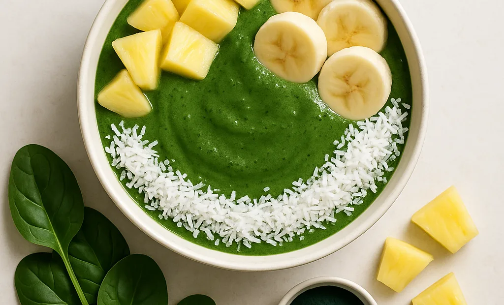 Smoothie bowl énergisant aux épinards, ananas et spiruline