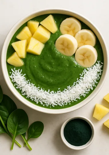 Smoothie bowl énergisant aux épinards, ananas et spiruline