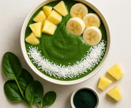 Smoothie bowl énergisant aux épinards, ananas et spiruline