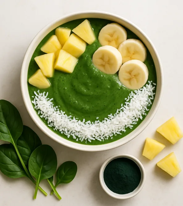 Smoothie bowl énergisant aux épinards, ananas et spiruline