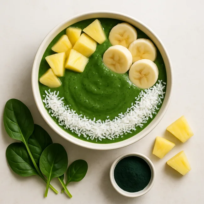 Smoothie bowl énergisant aux épinards, ananas et spiruline