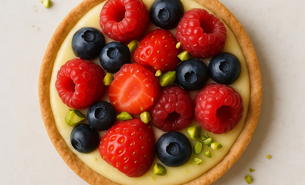 Tartelette fine aux fruits rouges, crème pâtissière légère et pistaches