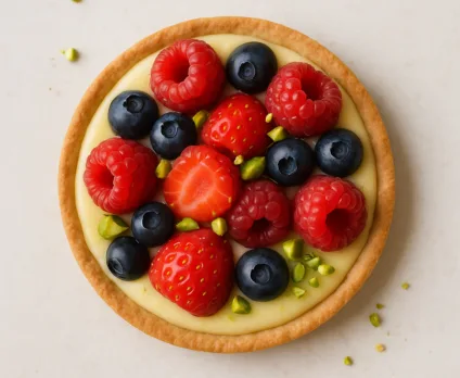 Tartelette fine aux fruits rouges, crème pâtissière légère et pistaches