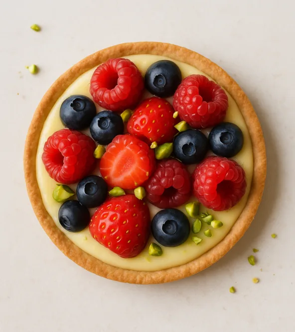 Tartelette fine aux fruits rouges, crème pâtissière légère et pistaches