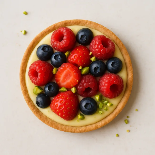 Tartelette fine aux fruits rouges, crème pâtissière légère et pistaches