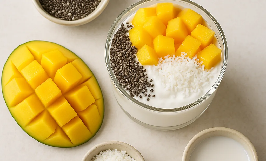 Verrine de skyr à la mangue, coco râpée et graines de chia