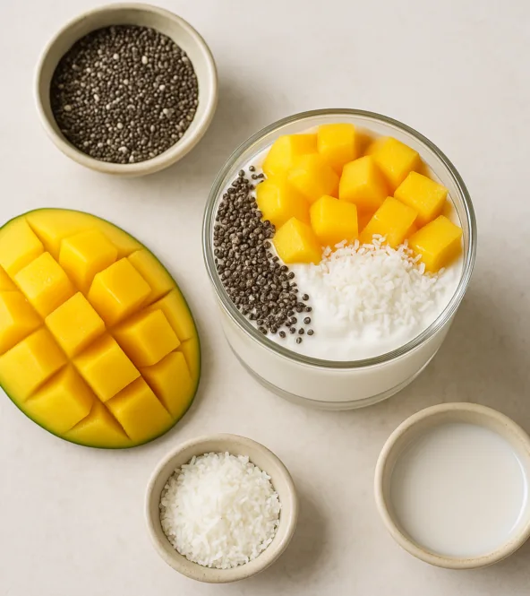 Verrine de skyr à la mangue, coco râpée et graines de chia