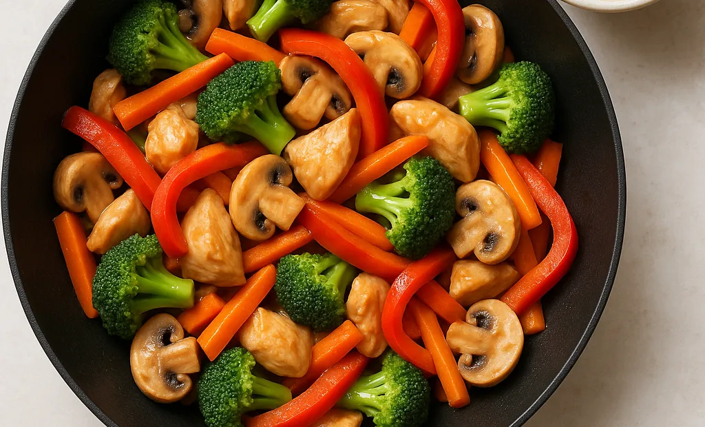 Poulet et légumes croquants au wok, sauce légère cacahuète