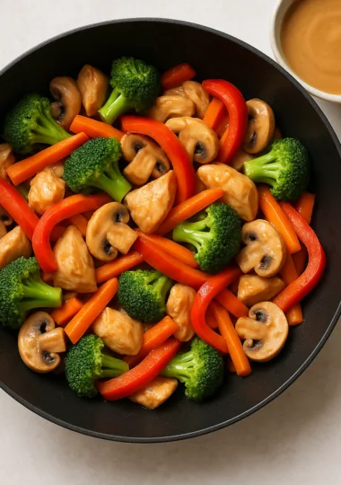 Poulet et légumes croquants au wok, sauce légère cacahuète