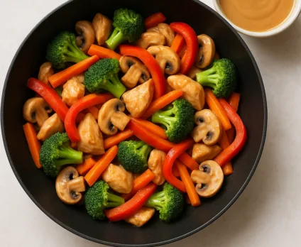 Poulet et légumes croquants au wok, sauce légère cacahuète