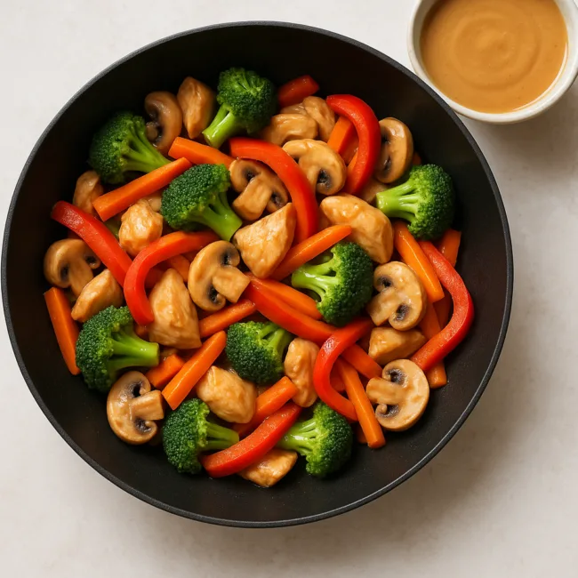Poulet et légumes croquants au wok, sauce légère cacahuète