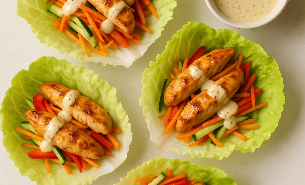 Wraps de laitue au poulet mariné, légumes râpés et vinaigrette légère