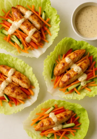 Wraps de laitue au poulet mariné, légumes râpés et vinaigrette légère